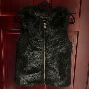 Express Black Faux Fur Vest with Gold Accents